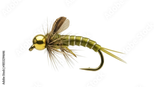 Bilde på lerret Olive nymph fly fishing lure isolated PNG, artificial bait for trout and salmon