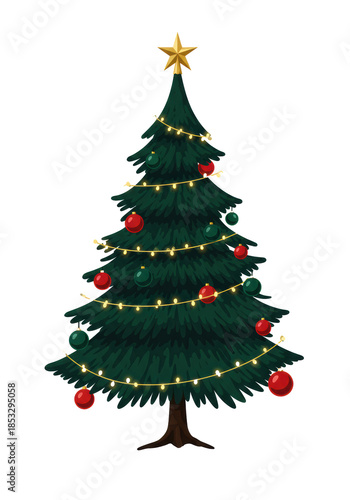 Stylized cartoon illustration of a dense emerald-green fir christmas tree, decorated with ruby and emerald glass baubles, lights, and a golden star, isolated on a transparent background. Concept of