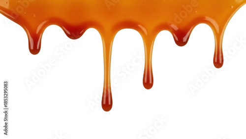 Delicious caramel sauce dripping isolated PNG on transparent background, sweet dessert topping for food design and confectionery use
