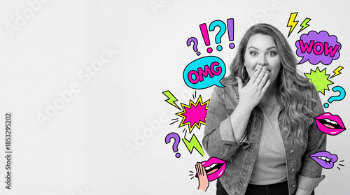 Surprised woman expressing excitement with colorful speech stickers  