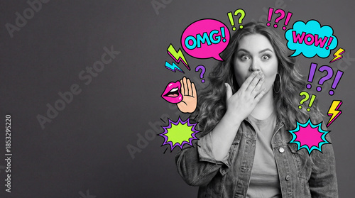 Surprised woman expressing shock with colorful stickers against gray  