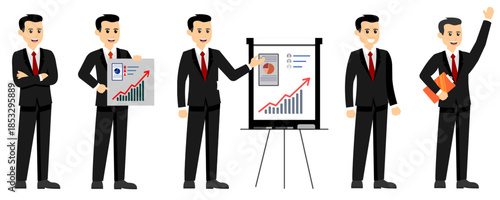 Set of a cartoon businessman character in a black suit and red tie, shown in various professional poses and actions.