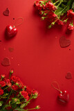 A vivid vertical red background features roses, heart charms, and sparkling accents, creating a romantic Valentine mood perfect for greeting cards, gifts, and festive love messages