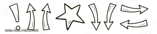A set of hand-drawn doodle symbols including arrows, a star, and an exclamation mark in a sketchy black outline style.