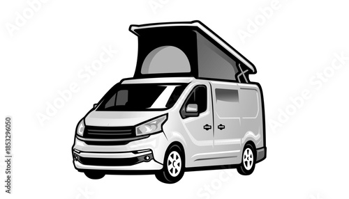 Graphic Black and White Camper Van with Raised Pop-Top Roof