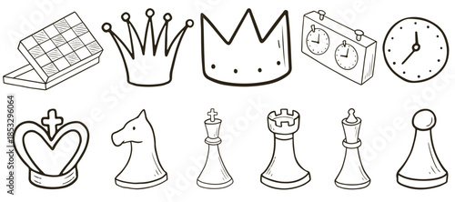 A collection of hand-drawn chess game elements in a black and white doodle style, including pieces and accessories.
