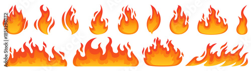 A vibrant collection of stylized cartoon fire, flame, and bonfire illustrations in various dynamic shapes.