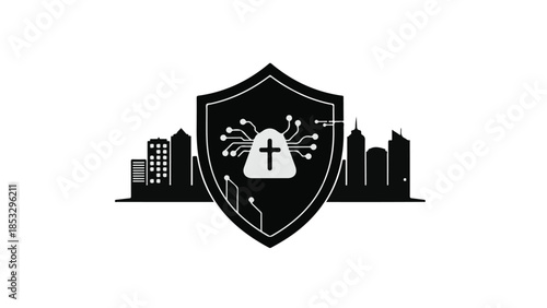 Protection cityscape shield with church bell and cross over urban skyline black and white illustration for security and faith concept