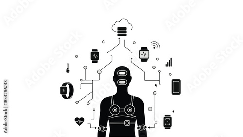 Hacker cyber criminal in black hoodie with connected devices and icons around head on white background