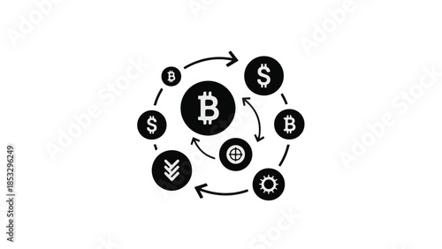 Cryptocurrency exchange concept with Bitcoin and dollar symbols in circular flow, modern financial technology illustration