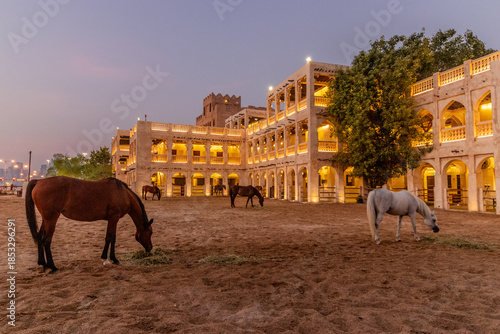Evening view of Horse stables at Souq Waqif market in Doha, Qatar