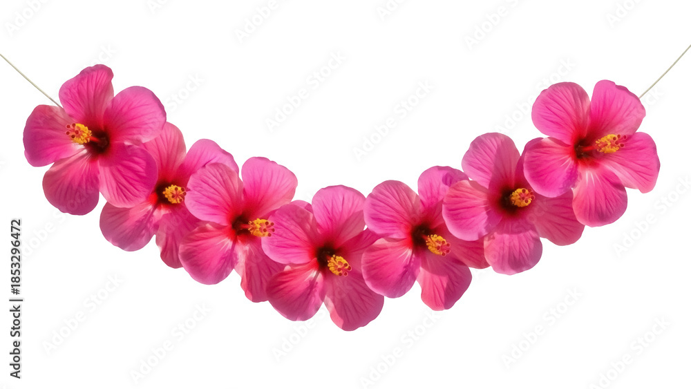 Fototapeta premium Garland of pink hibiscus flowers isolated PNG, tropical floral decoration on transparent background for summer designs and festive occasions