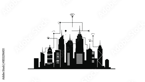 Modern city skyline with network connections and urban infrastructure in black and gray tones on white background for business technology concept