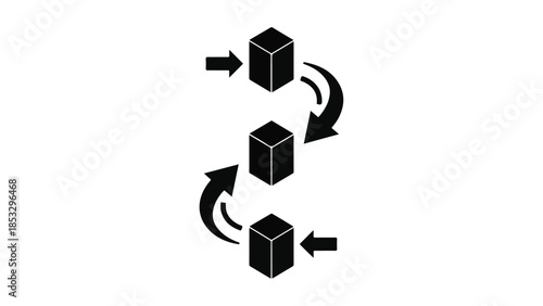 Black cubes rotating in circular flow with arrows, 3D illustration for business process, workflow, or cycle concept