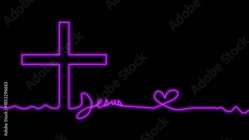 Neon purple cross with jesus text line animation, heart and hand-writing, vector line animation

