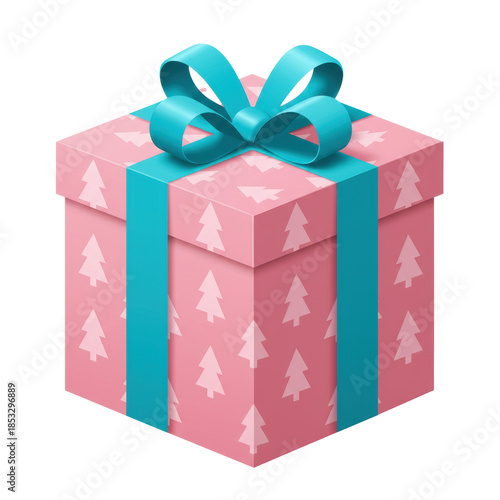 Perfect pastel pink cubic gift box, white christmas tree pattern, large bright turquoise satin bow, flat vector illustration isolated on white. concept of cheerful holiday spirit