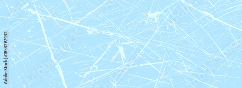 Scratched ice surface texture. Blue ice background with skate traces, cracks, scratches. Rough winter sport rink backdrop. Frozen lake or pond water wallpaper with dots, spot and lines. Eps10
