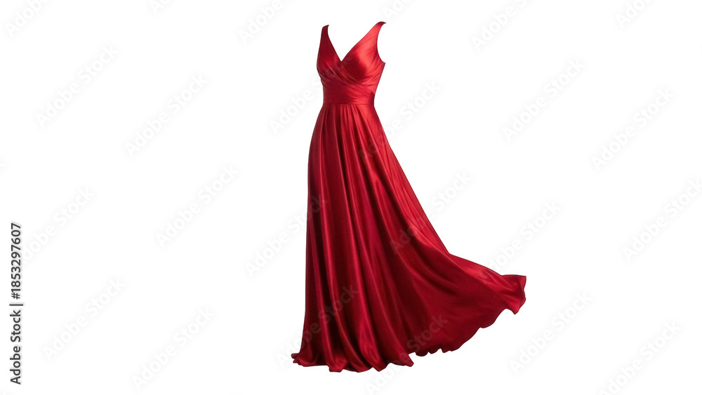 Fototapeta premium Elegant red evening gown isolated PNG on transparent background, flowing formal dress for special occasions and fashion design