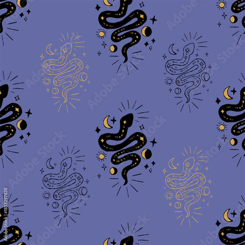 Astrology Seamless Pattern with Mystical Snake and Moon, Sun on Violet Background. Repeating cosmic Textured Hand Drawing Doodle. Vector illustration for magic, esoteric, mysterious design. Not AI