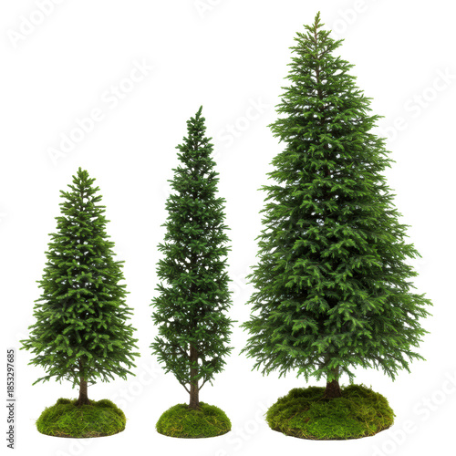 three groupings of miniature emerald green pine and fir conifers rooted in mossy turf, hyper-realistic studio product photography, isolated on transparent background with copy space, concept of