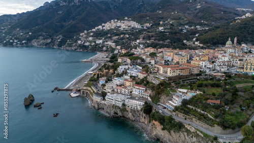 Drone aerial view of Vietri sul Mare at sunrise from the sea