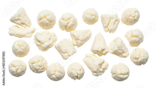 Fotografie Fresh cheese curds isolated PNG on transparent background, squeaky dairy snack p