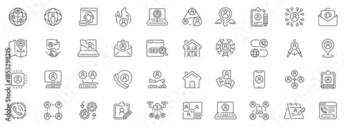 Client management icons set. editable line icons, outline, crm, business tools