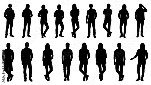 Collection of various black silhouettes of people standing in different poses