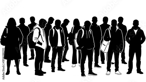 A group of business people standing in a line as silhouettes on a looking professional