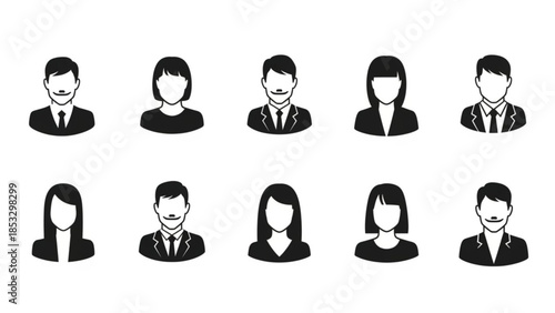 Set of ten black and white business professional people icons in suits and ties for use in graphic design