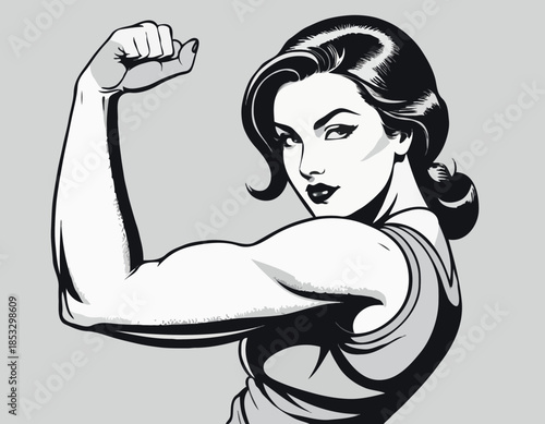 Strong woman flexing arm in black and white vintage illustration