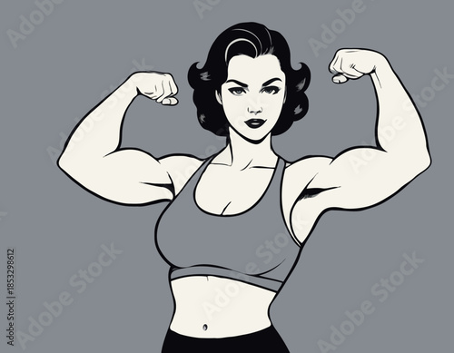 Strong woman flexing arm in black and white vintage illustration