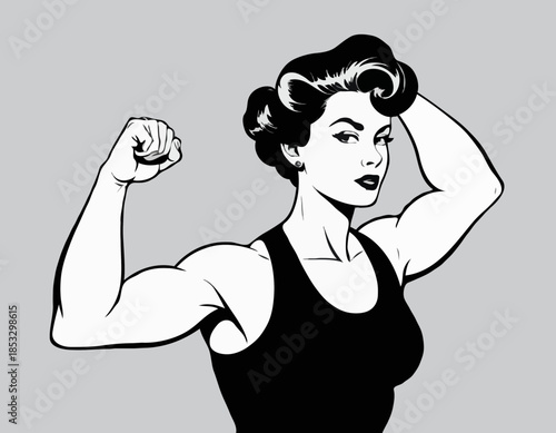 Strong woman flexing arm in black and white vintage illustration