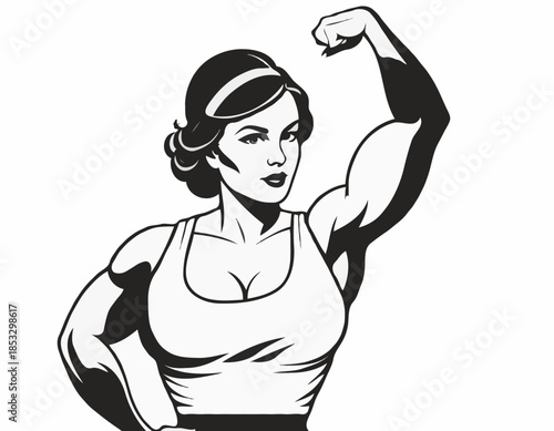 Strong woman flexing arm in black and white vintage illustration