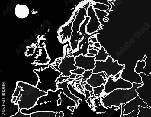 Detailed woodcut drawing of Europe map in black and white illust
