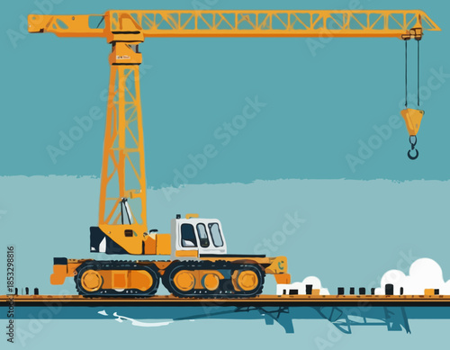 Detailed Woodcut Style Illustration of a Construction Crane on W