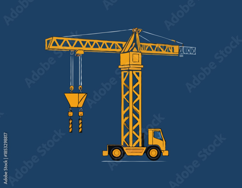 Detailed Woodcut Style Illustration of a Construction Crane on W
