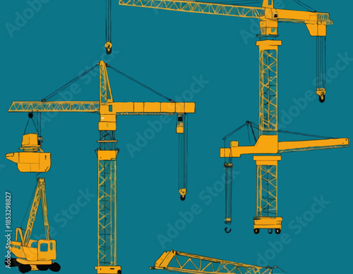 Detailed Woodcut Style Illustration of a Construction Crane on W