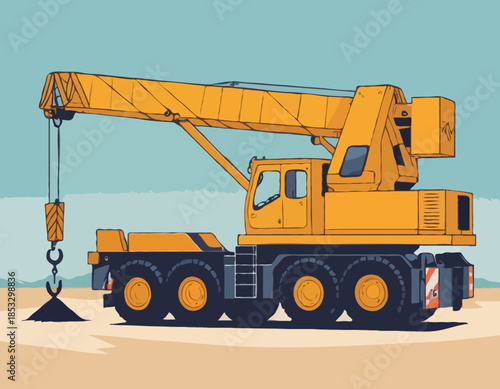 Detailed Woodcut Style Illustration of a Construction Crane on W