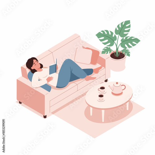Isometric Illustration of Woman Relaxing on Sofa in Living Room Setting