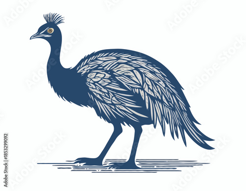 Artistic depiction of an emu bird in a stylized woodcut illustra