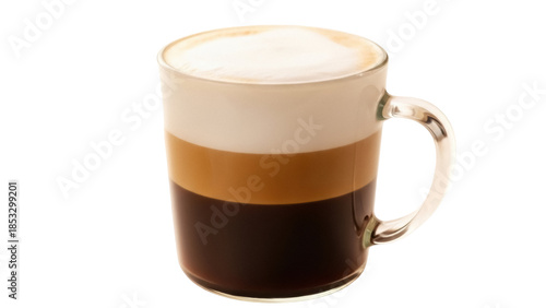 Fotografie Layered coffee drink in glass mug isolated PNG, cappuccino with milk foam and es