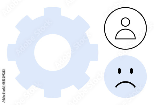 System failure concept. Gear symbol and user icons express system issues. Sad face highlights malfunction impact on user experience. For troubleshooting, UX design, customer service, app development