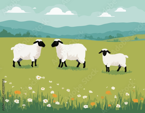 sheep, goat, lamb, wool, meadow, in illustration in brush stroke painting