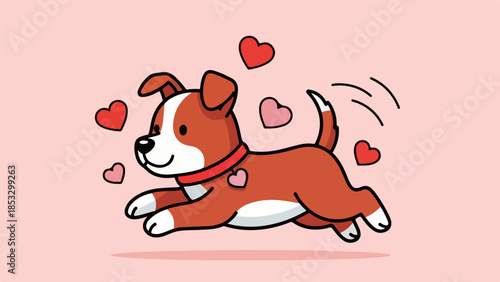 Cheerful cartoon dog with red collar and heart-shaped tag running on light pink background with floating hearts