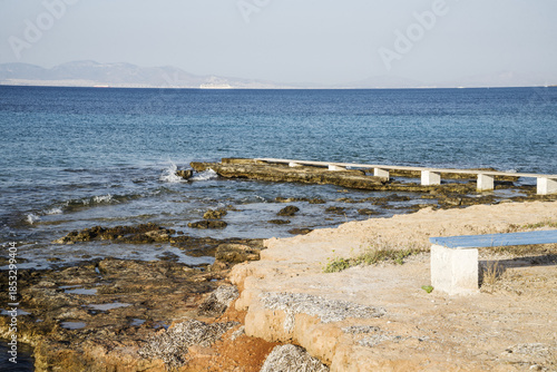 The Mediterranean Sea on the island of Aegina and, in the distance,