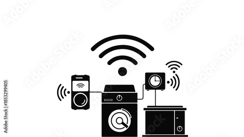 Smart home appliances with Wi-Fi connectivity, household devices with wireless internet connection, modern technology and home automation concept