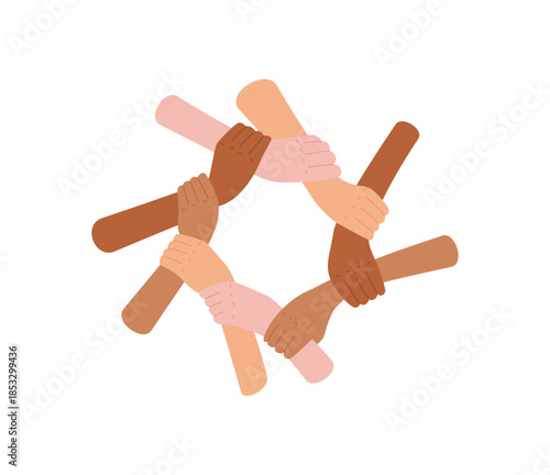 Flat colorful symbol of diverse hands forming unity and connection. Linked arms represent teamwork, solidarity, equality, and friendship. Inclusive creative design promotes human bond, perfect for