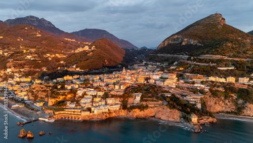 Drone aerial view of Vietri sul Mare at sunrise from the sea