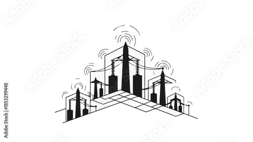 Modern cityscape with skyscrapers and wireless signals in black and white illustration for technology and urban development concept